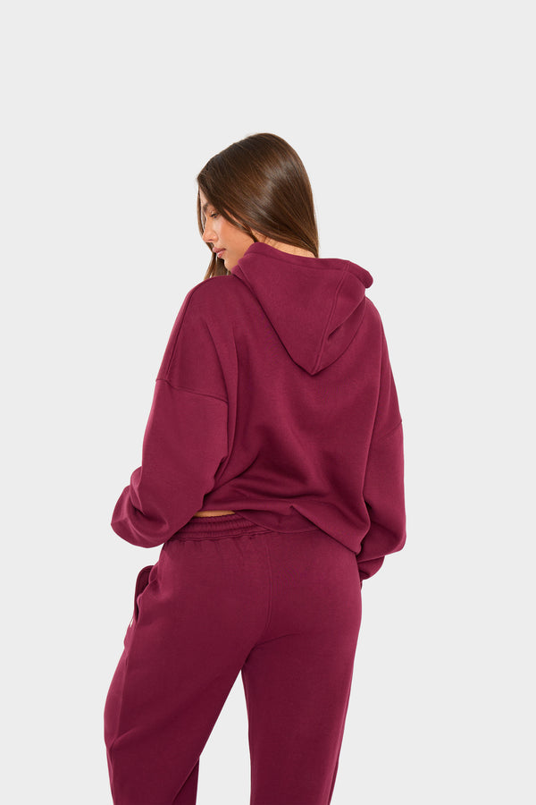 Kaiia Borg Slogan Oversized Hoodie Burgundy & Cream