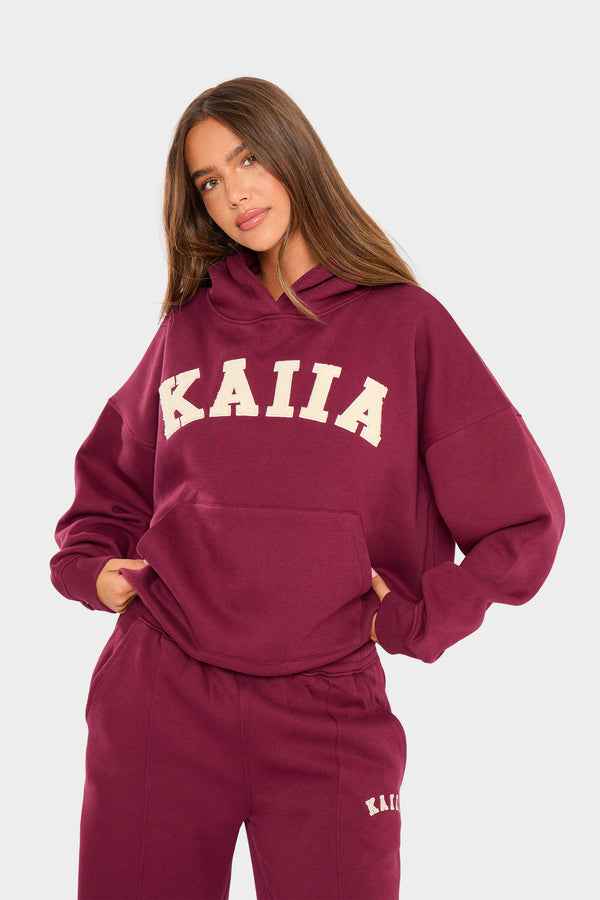 Kaiia Borg Slogan Oversized Hoodie Burgundy & Cream