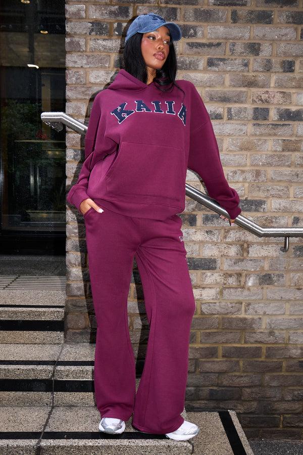Kaiia Borg Slogan Oversized Hoodie Burgundy & Navy