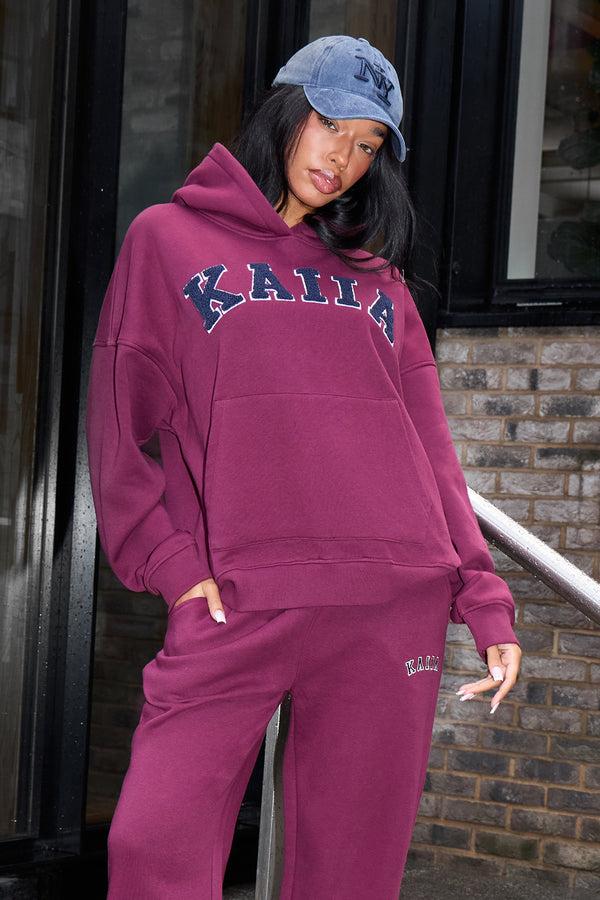 Kaiia Borg Slogan Oversized Hoodie Burgundy & Navy