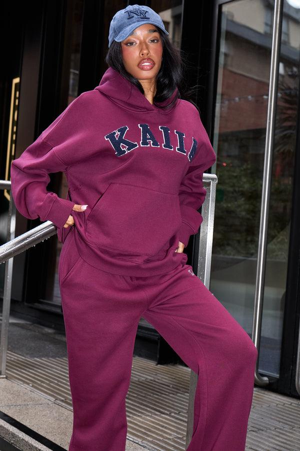Kaiia Borg Slogan Oversized Hoodie Burgundy & Navy