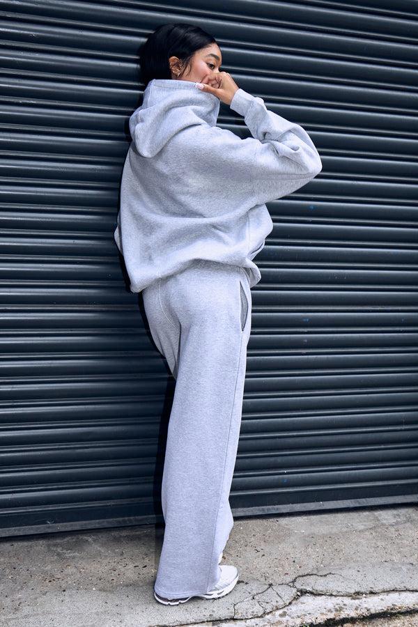 Kaiia Borg Slogan Oversized Hoodie Mid Grey & Burgundy