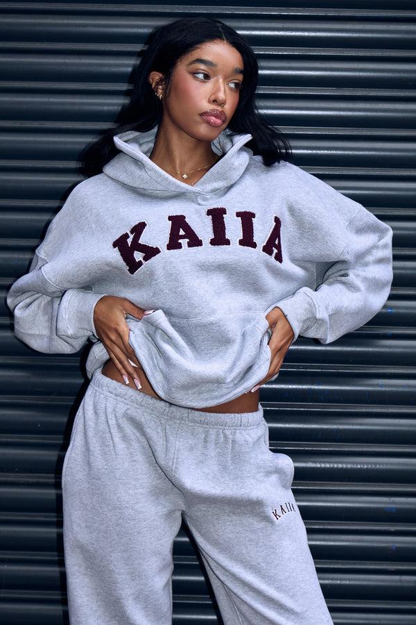 Kaiia Borg Slogan Oversized Hoodie Mid Grey & Burgundy