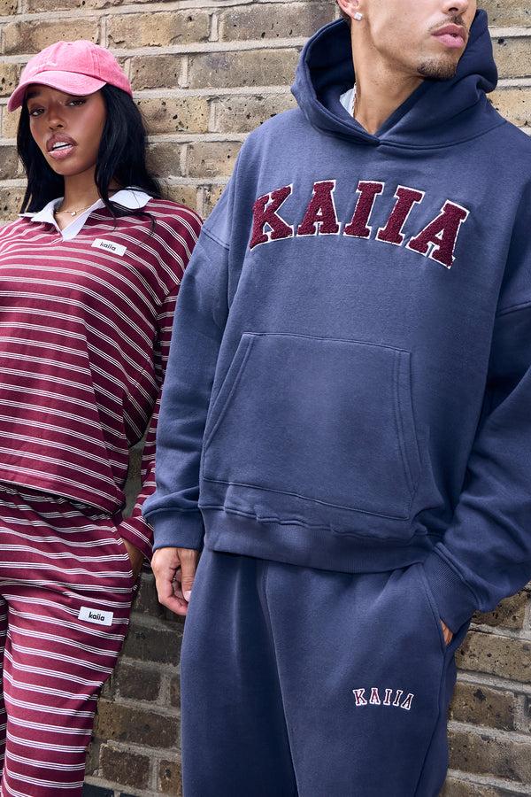 Kaiia Borg Slogan Oversized Hoodie Navy & Burgundy