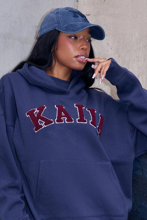 Kaiia Borg Slogan Oversized Hoodie Navy & Burgundy