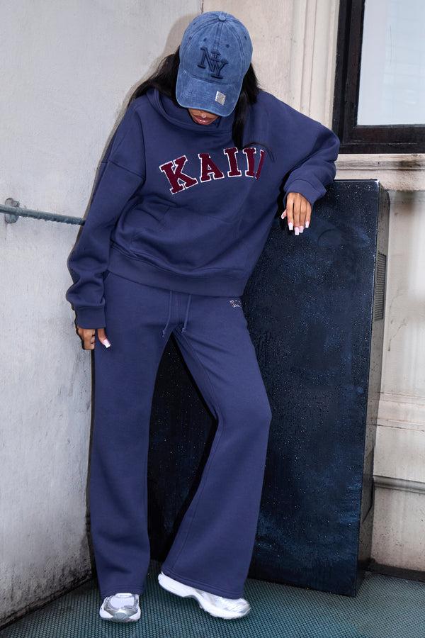 Kaiia Borg Slogan Oversized Hoodie Navy & Burgundy