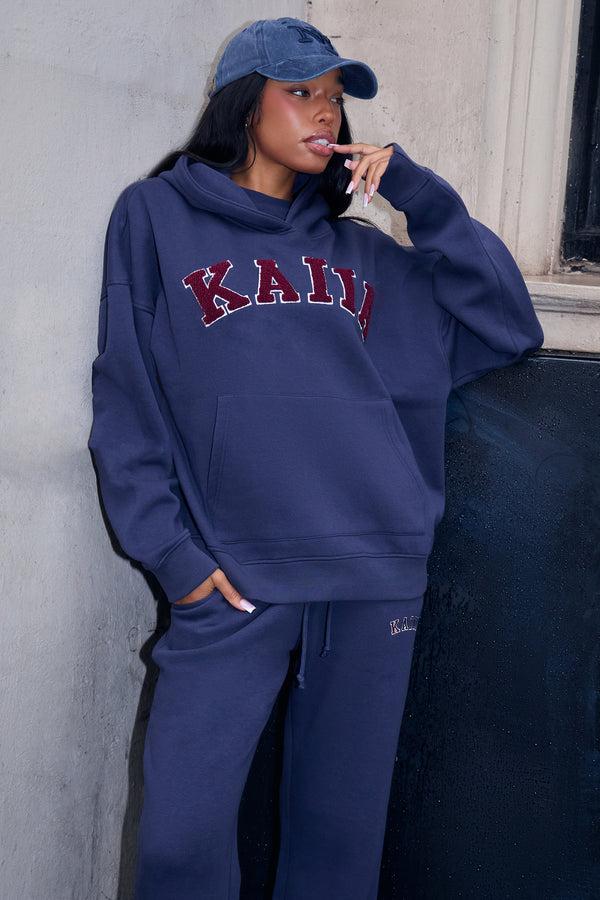 Kaiia Borg Slogan Oversized Hoodie Navy & Burgundy