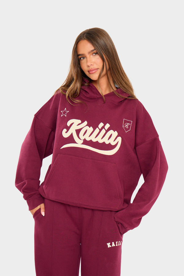 Kaiia Borg Varsity Oversized Hoodie Burgundy & Cream