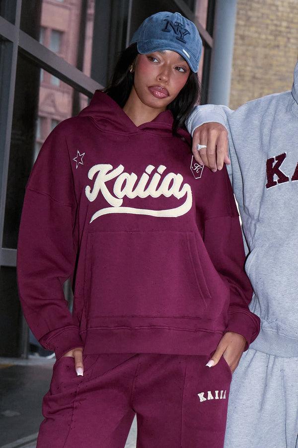 Kaiia Borg Varsity Oversized Hoodie Burgundy & Cream