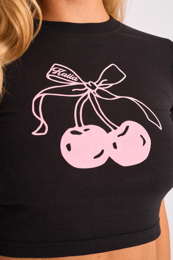 Kaiia Bow Cherry Graphic Baby Tee Black & Pink