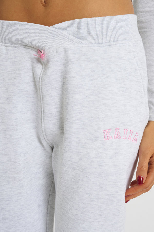 Kaiia Bow Detail Cross Over Waistband Joggers Light Grey Marl