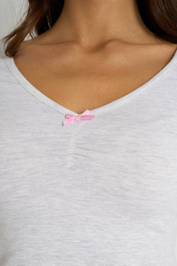 Kaiia Bow Detail Ruched Top Light Grey Marl