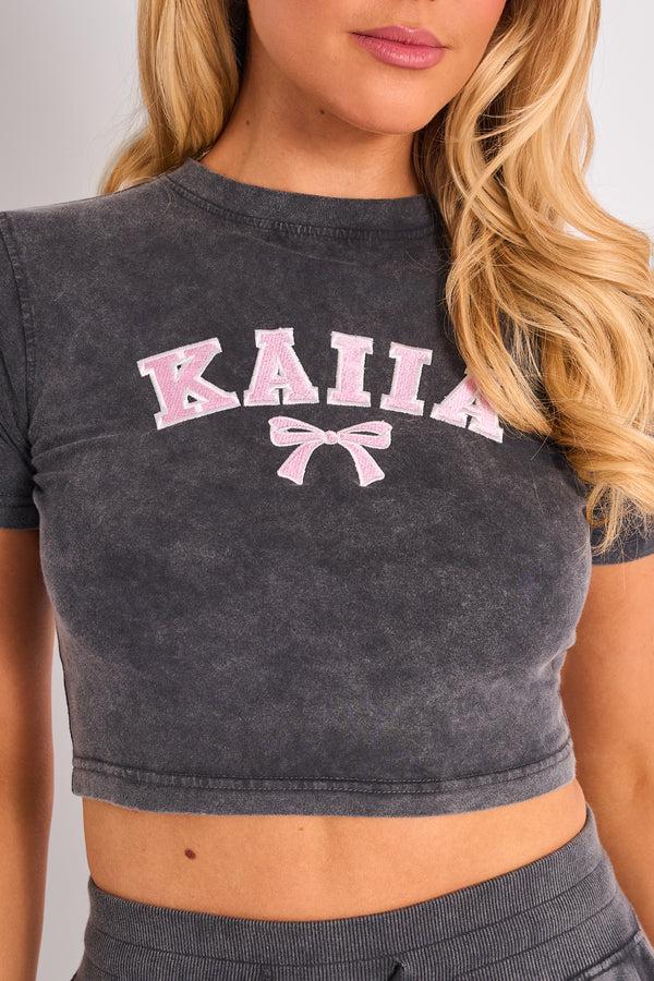 Kaiia Bow Embroidered Baby Tee Washed Dark Grey & Pink