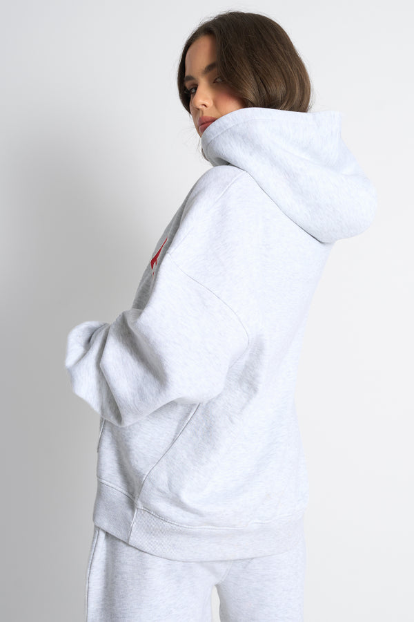 Kaiia Bow Embroidered Oversized Hoodie Light Grey Marl & Red