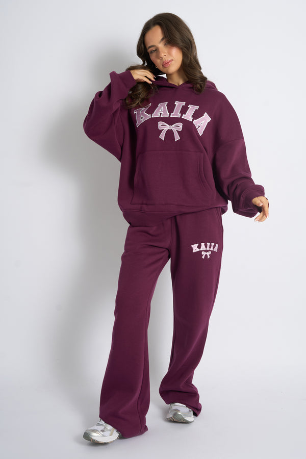 Kaiia Bow Embroidered Oversized Hoodie Plum & Baby Pink