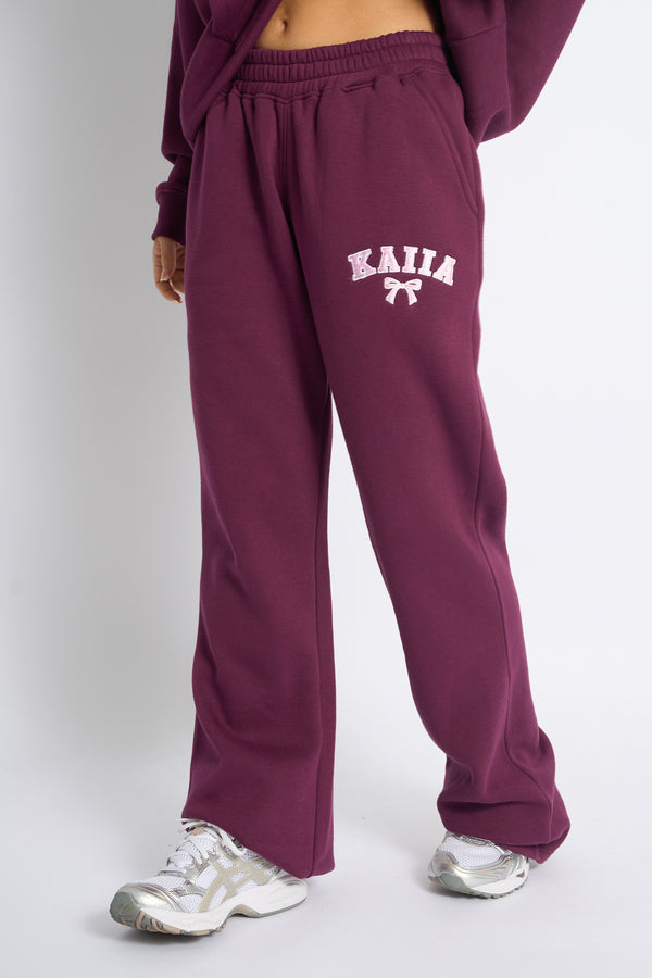 Kaiia Bow Embroidered Ribbed Waistband Wide Leg Joggers Plum & Baby Pink