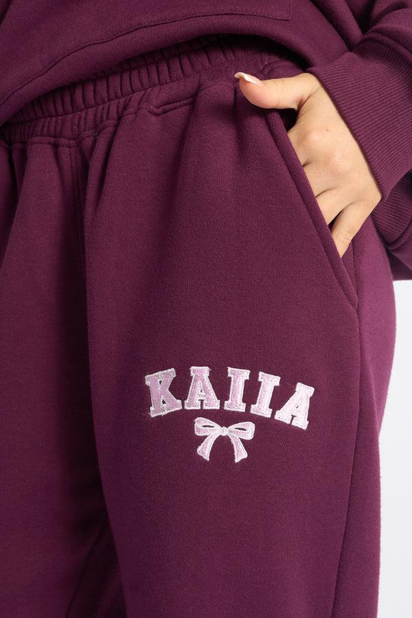 Kaiia Bow Embroidered Ribbed Waistband Wide Leg Joggers Plum & Baby Pink