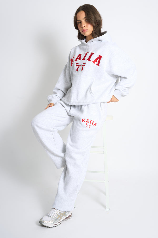 Kaiia Bow Embroidered Ribbed Waistband Wide Leg Joggers Light Grey Marl & Red