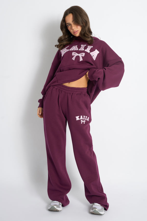 Kaiia Bow Embroidered Ribbed Waistband Wide Leg Joggers Plum & Baby Pink
