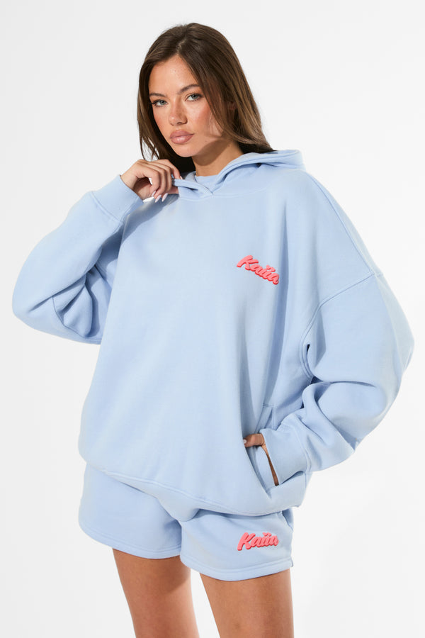 Kaiia Bubble Graphic Oversized Hoodie Baby Blue & Coral