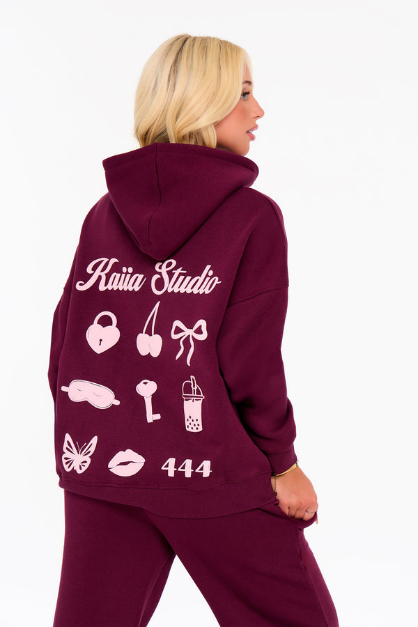 Kaiia Bubble Icon Oversized Hoodie Burgundy & Pink