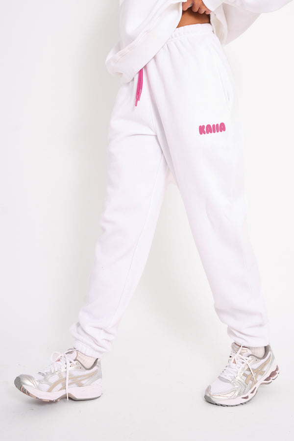 Kaiia Bubble Logo Cuffed Joggers White & Hot Pink