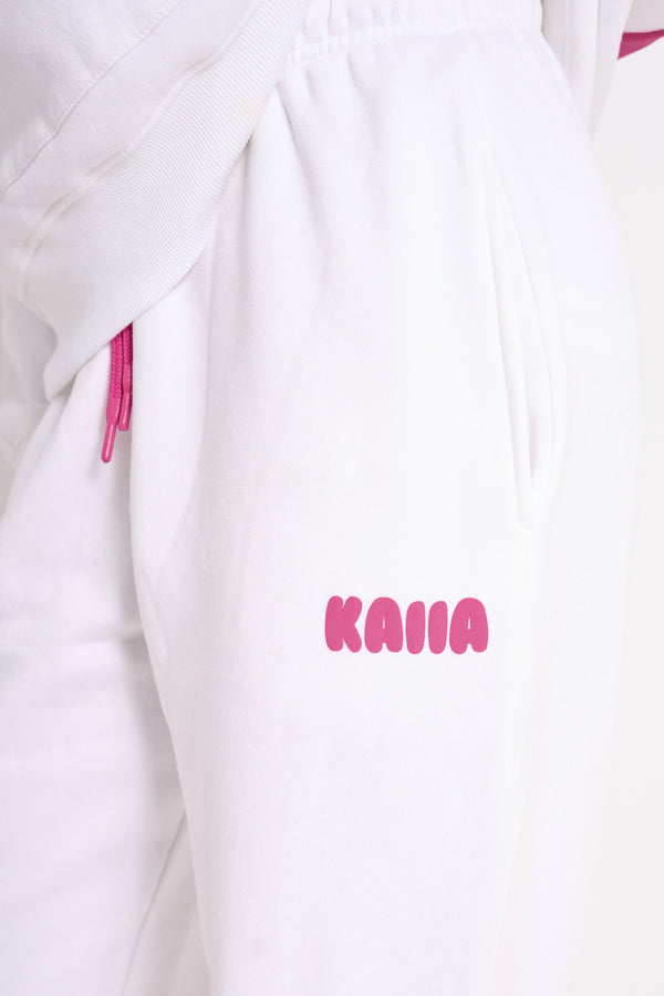 Kaiia Bubble Logo Cuffed Joggers White & Hot Pink