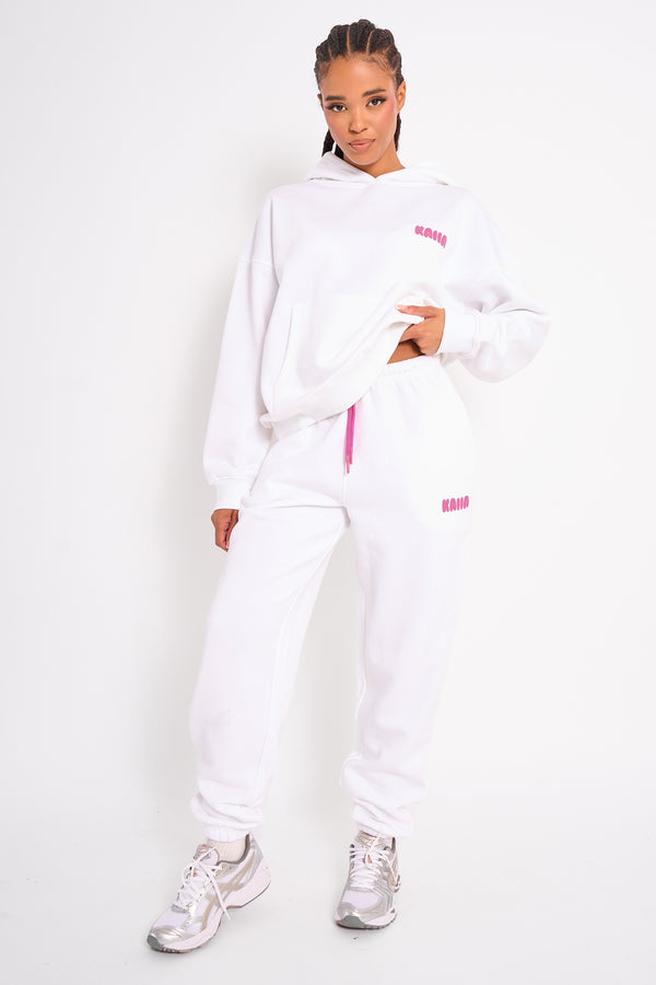 Kaiia Bubble Logo Cuffed Joggers White & Hot Pink
