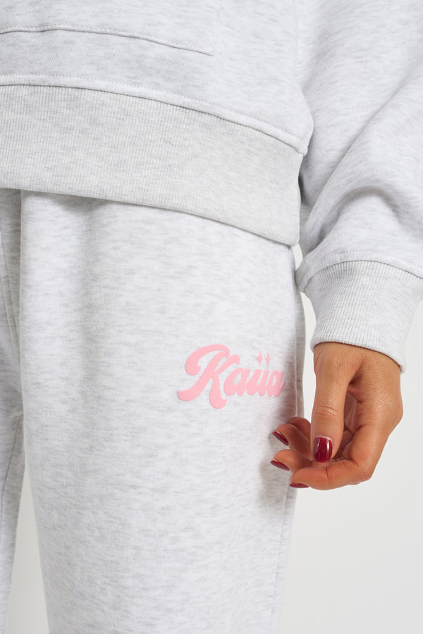 Kaiia Bubble Script Bow Detail Wide Leg Joggers Grey Marl & Pink