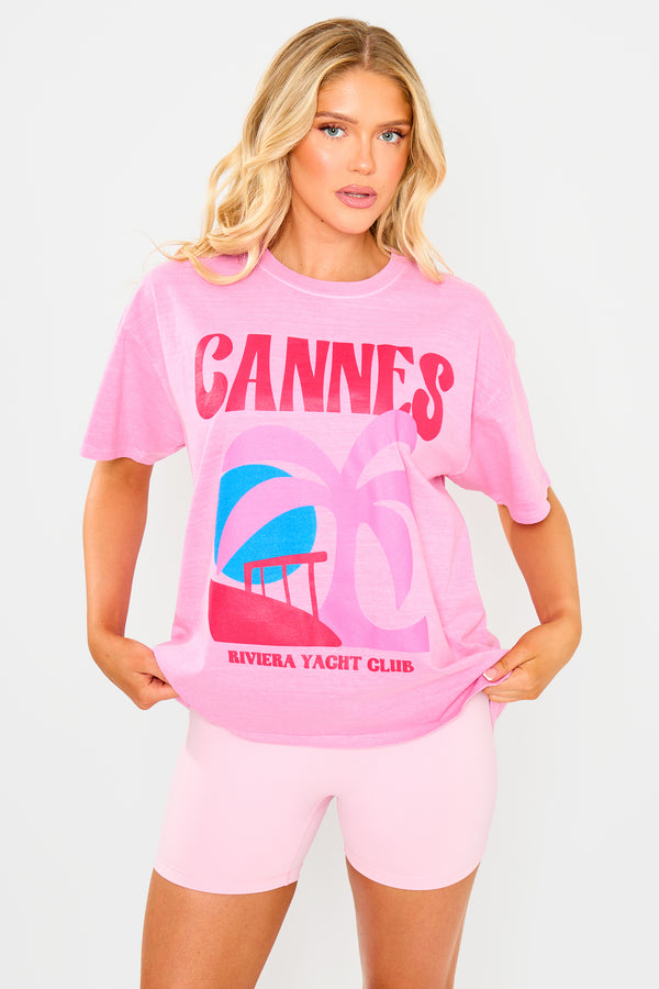 Kaiia Cannes Contrast Graphic Oversized T-shirt Pink