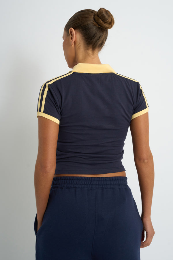 Kaiia Collar Detail Baby Tee Navy & Yellow