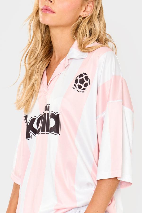 Kaiia Collared Oversized Football Shirt Pink Stripe