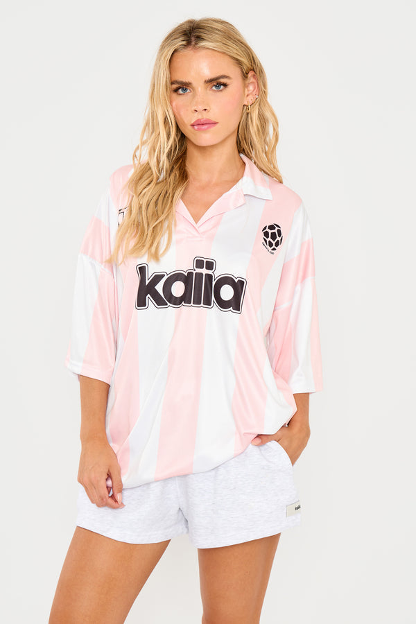 Kaiia Collared Oversized Football Shirt Pink Stripe