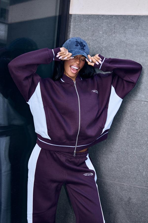 Kaiia Contrast Boxy Bomber Style Sweatshirt Burgundy & Baby Blue