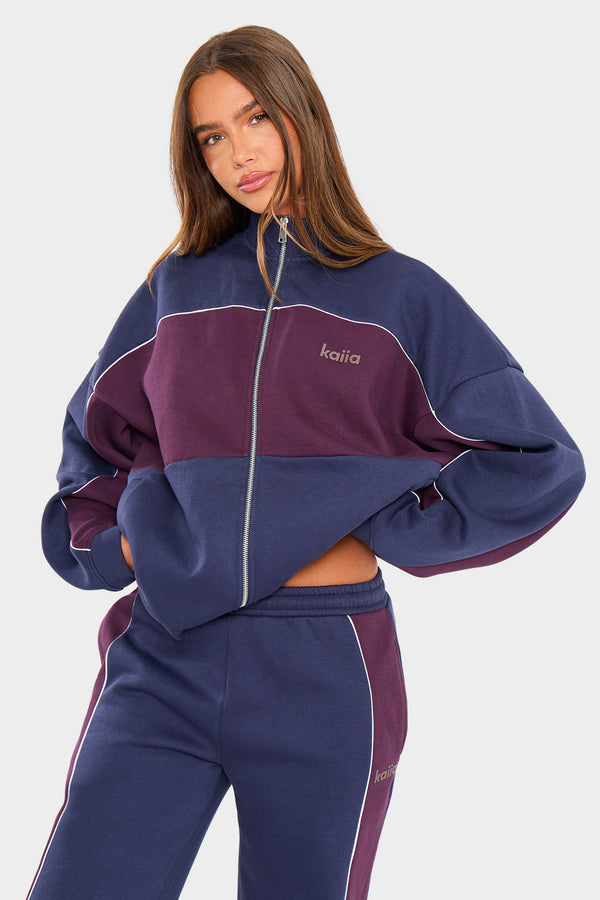 Kaiia Contrast Oversized Zip Through Sweatshirt Navy & Burgundy