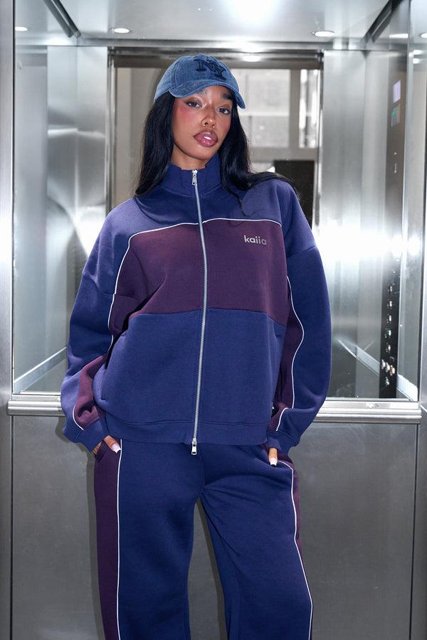 Kaiia Contrast Oversized Zip Through Sweatshirt Navy & Burgundy