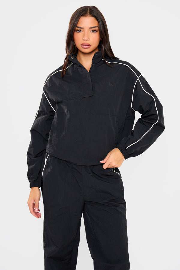 Kaiia Contrast Piping Quarter Zip Track Jacket Black