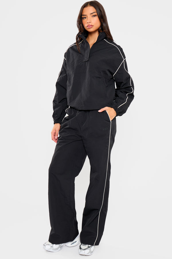 Kaiia Contrast Piping Quarter Zip Track Jacket Black