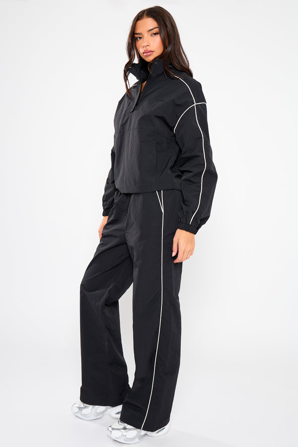 Kaiia Contrast Piping Wide Leg Trousers Black