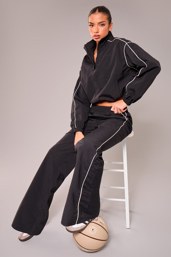 Kaiia Contrast Piping Wide Leg Trousers Black