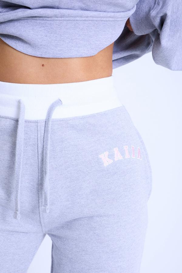 Kaiia Contrast Waistband Wide Leg Sweat Pants Grey Marl & Pink