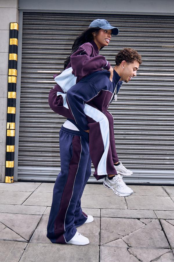 Kaiia Contrast Wide Leg Joggers Burgundy & Baby Blue