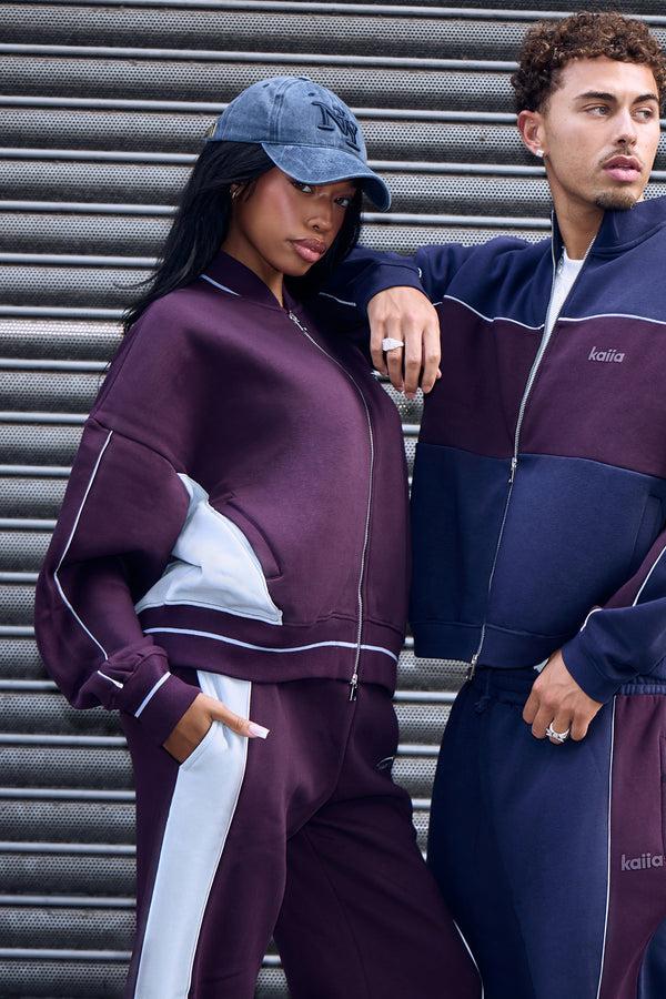 Kaiia Contrast Wide Leg Joggers Burgundy & Baby Blue