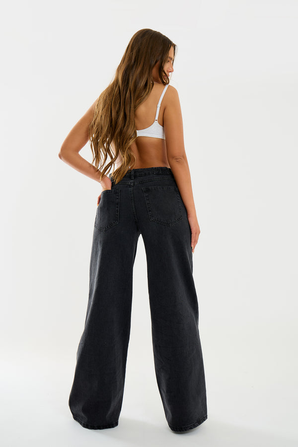 Kaiia Denim Mid Rise Wide Leg Jeans Black