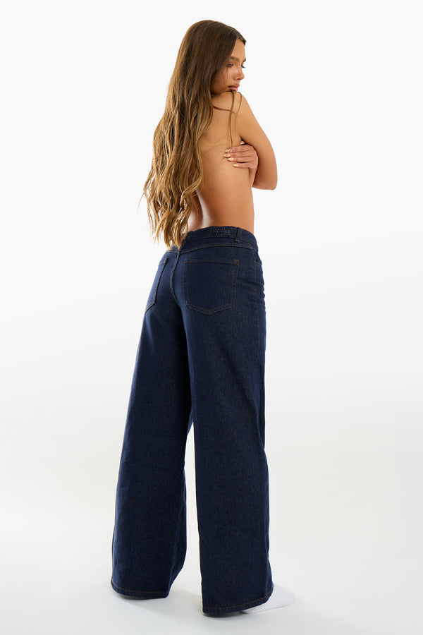 Kaiia Denim Mid Rise Wide Leg Jeans Indigo