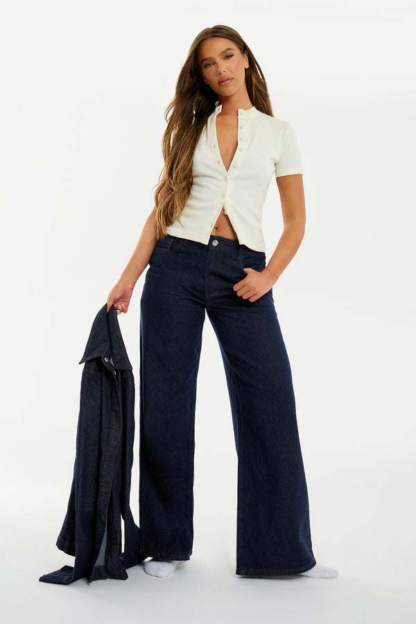 Kaiia Denim Mid Rise Wide Leg Jeans Indigo
