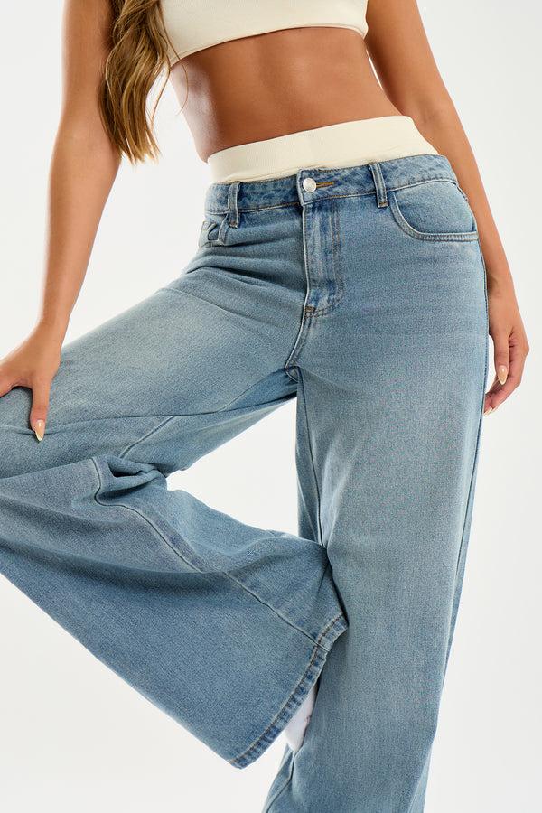 Kaiia Denim Mid Rise Wide Leg Jeans Vintage Wash