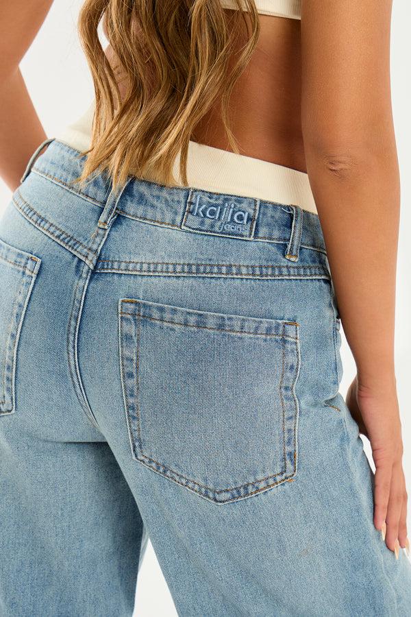 Kaiia Denim Mid Rise Wide Leg Jeans Vintage Wash