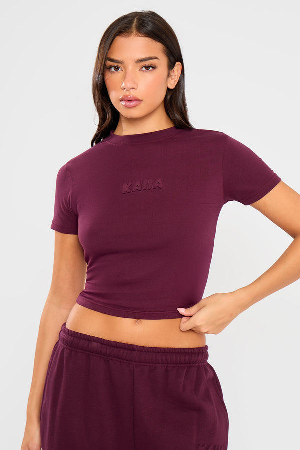 Kaiia Embossed Bubble Logo Baby Tee Deep Merlot Burgundy