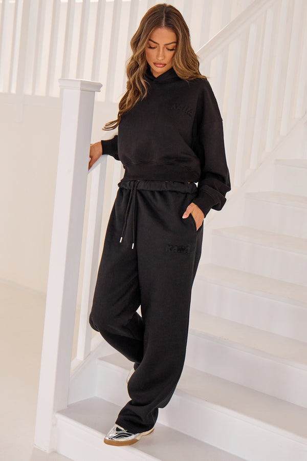 Kaiia Embossed Bubble Logo Cropped Hoodie Black